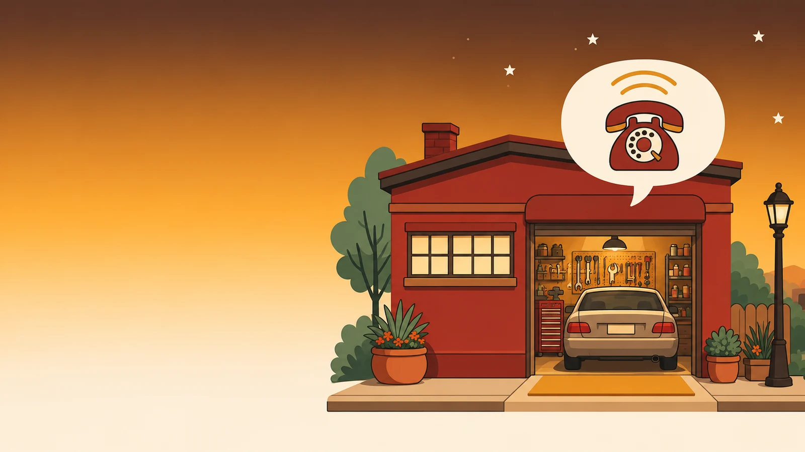 Illustrated brick body shop at dusk with a ringing phone as GoodRinger answers an after-hours call