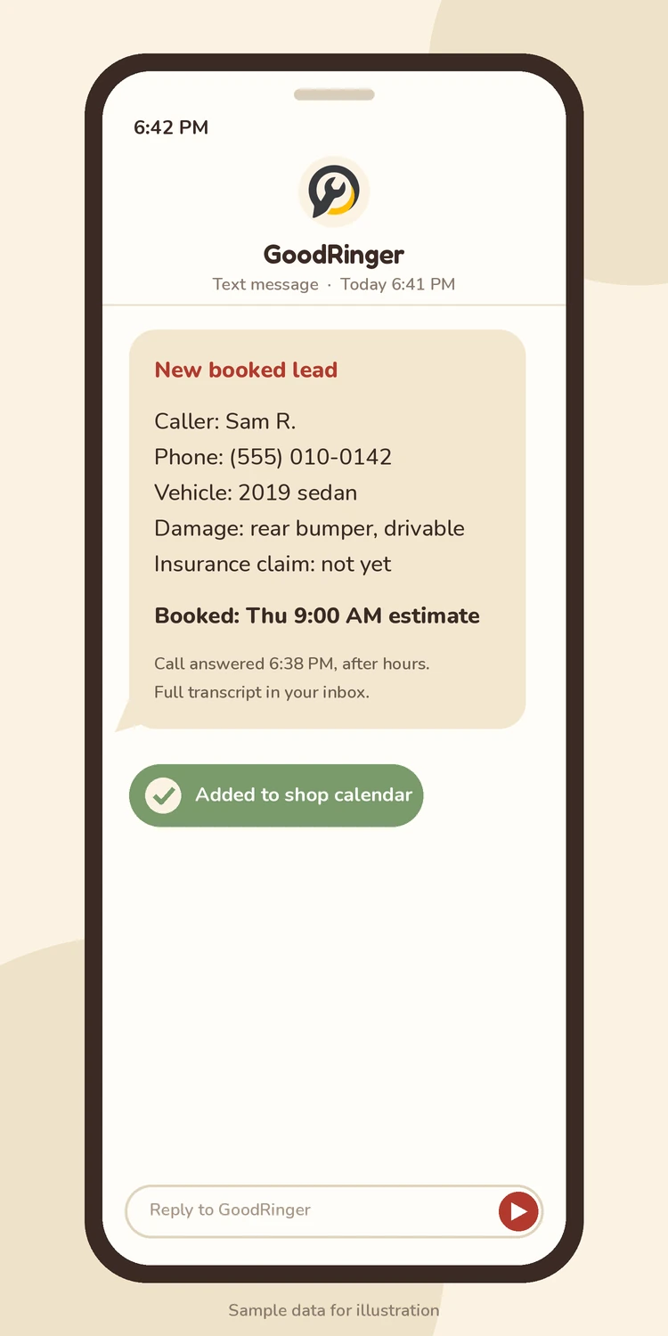 Example text message lead summary from GoodRinger with caller name, vehicle, damage and booked appointment